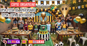Como Organizar uma Festa de Aniversário com Tema Copa Libertadores: Guia Completo "Festa de aniversário com tema Copa Libertadores, decorada com balões dourados e verdes, bolo em formato de campo de futebol, pessoas com camisas de times sul-americanos, e mesa com medalhas e troféus personalizados."