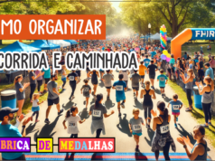 Como Organizar uma Corrida e Caminhada de Sucesso: Guia Completo Passo a Passo "Evento de corrida e caminhada ao ar livre com participantes de diferentes idades, largada marcada por arco inflável, bandeiras coloridas e voluntários distribuindo água em um ambiente ensolarado e festivo."