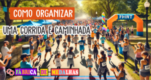 Como Organizar uma Corrida e Caminhada de Sucesso: Guia Completo Passo a Passo "Evento de corrida e caminhada ao ar livre com participantes de diferentes idades, largada marcada por arco inflável, bandeiras coloridas e voluntários distribuindo água em um ambiente ensolarado e festivo."