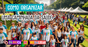 Caminhada da Saúde: Dicas, Planejamento e Como Engajar o Público Caminhada da Saúde em parque público, com participantes diversos usando camisetas coloridas, segurando medalhas e caminhando em clima de celebração e bem-estar.