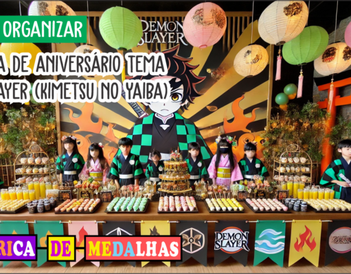 Como Organizar uma Festa de Aniversário Demon Slayer Incrível: Dicas e Ideias Criativas Decoração de festa de aniversário com tema inspirado em Demon Slayer, incluindo lanternas japonesas, balões coloridos, mesa com doces personalizados e medalhas temáticas, em um ambiente alegre com crianças fantasiadas.