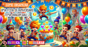 Como Organizar uma Festa de Aniversário Incrível com Tema Dragon Ball Z esta de aniversário temática estilo anime, com crianças fantasiadas de guerreiros com cabelos espetados e roupas coloridas, balões laranja e azul, bolo com sete orbes brilhantes e cenário de fantasia ao fundo.