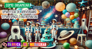 Como Organizar uma Festa de Aniversário Tema Espaço e Astronauta: Ideias Galácticas e Passo a Passo Festa de aniversário infantil com tema Espaço, decorada com balões em forma de planetas, bolo em formato de foguete e crianças fantasiadas de astronautas em um ambiente ao ar livre.