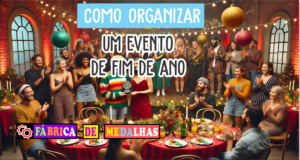 Como Organizar um Evento de Fim de Ano Inesquecível: Guia Passo a Passo Completo Cena de evento de fim de ano com pessoas celebrando em um salão decorado com luzes, enfeites e mesa de comidas. Participantes recebem medalhas personalizadas em um palco com clima alegre e inclusivo.