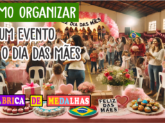 Como Organizar um Evento Inesquecível para o Dia das Mães: Guia Passo a Passo Evento do Dia das Mães com decoração festiva, famílias reunidas, crianças se apresentando no palco e entregando medalhas personalizadas para as mães.