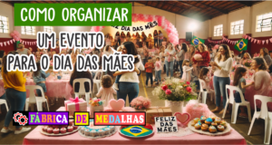 Como Organizar um Evento Inesquecível para o Dia das Mães: Guia Passo a Passo Evento do Dia das Mães com decoração festiva, famílias reunidas, crianças se apresentando no palco e entregando medalhas personalizadas para as mães.