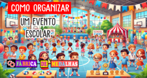 Como Organizar um Evento Escolar de Sucesso: Guia Completo Passo a Passo Cenário alegre de evento escolar com alunos participando de atividades, decoração colorida, professores e pais presentes, e uma mesa com medalhas e troféus para premiação