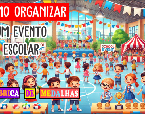 Como Organizar um Evento Escolar de Sucesso: Guia Completo Passo a Passo Cenário alegre de evento escolar com alunos participando de atividades, decoração colorida, professores e pais presentes, e uma mesa com medalhas e troféus para premiação