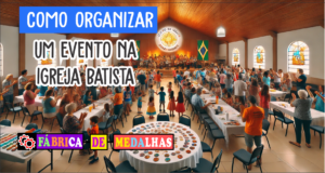 Evento na Igreja Batista: Passo a Passo para Organizar com Excelência Evento animado na Igreja Batista com pessoas reunidas em um salão decorado, incluindo crianças em atividades, palco com instrumentos musicais e mesa com medalhas personalizadas ao fundo.