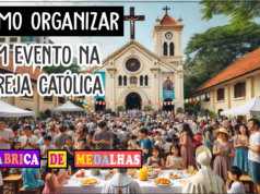 Como Organizar um Evento na Igreja Católica: Guia Completo Passo a Passo Comunidade reunida em evento na igreja católica, com fiéis em frente a uma igreja colonial decorada com balões e faixas, participando de atividades religiosas e sociais ao ar livre.