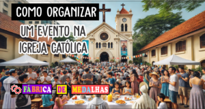 Como Organizar um Evento na Igreja Católica: Guia Completo Passo a Passo Comunidade reunida em evento na igreja católica, com fiéis em frente a uma igreja colonial decorada com balões e faixas, participando de atividades religiosas e sociais ao ar livre.