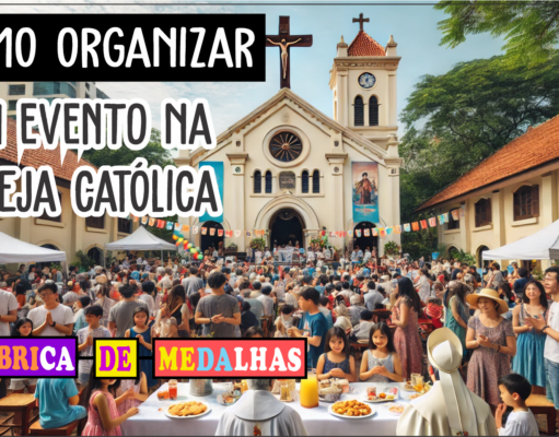 Como Organizar um Evento na Igreja Católica: Guia Completo Passo a Passo Comunidade reunida em evento na igreja católica, com fiéis em frente a uma igreja colonial decorada com balões e faixas, participando de atividades religiosas e sociais ao ar livre.