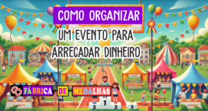 Como Organizar um Evento para Arrecadar Dinheiro: Guia Completo e Estratégico Imagem promocional de evento beneficente ao ar livre com pessoas participando de atividades, barracas coloridas, palco ao fundo e participantes felizes com medalhas personalizadas.