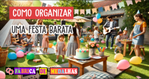 Como Organizar uma Festa Barata e Incrível: Guia Completo com Dicas Econômicas "Festa no quintal durante o dia com decoração simples e colorida, balões, bolo caseiro e pessoas sorrindo e se divertindo em um ambiente acolhedor."
