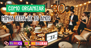 Como Organizar sua Festa de 30 Anos: Dicas Criativas e Econômicas "Festa de 30 anos à noite com balões preto e dourado, mesa de doces decorada, letreiro '30', amigos se divertindo e luzes aconchegantes ao redor."