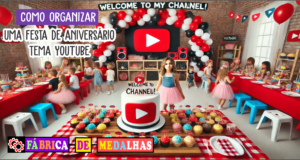 Como Organizar uma Festa de Aniversário Tema YouTube: Guia Completo e Criativo "Festa de aniversário com tema inspirado no YouTube, com bolo vermelho e branco, arco de balões, crianças gravando vídeos de brincadeira e decoração com símbolo de play genérico"
