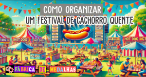 Como Organizar um Festival de Cachorro-Quente: Guia Completo para Fazer Sucesso “Festival de Cachorro-Quente em parque comunitário com barracas coloridas de hot dog, famílias reunidas, decoração festiva e cerimônia de premiação com medalhas ao fundo.”