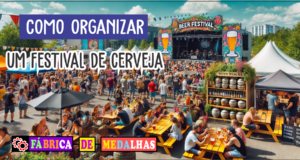 Festival de Cerveja: Tudo o que Você Precisa para Planejar um Evento Irresistível "Festival de cerveja ao ar livre com barracas coloridas, pessoas brindando com copos de cerveja, palco com banda ao vivo e clima festivo sob céu azul."