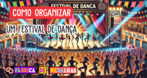 Como Organizar um Festival de Dança Inesquecível: Guia Completo para o Sucesso "Festival de dança com dançarinos diversos no palco, apresentando estilos como balé, hip hop e samba, sob luzes coloridas, com público assistindo animado e banners decorativos ao fundo."