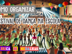 Como Organizar um Festival de Dança na Escola: Guia Completo para um Evento Inesquecível Festival de dança na escola com alunos se apresentando no palco em trajes coloridos, plateia aplaudindo e mesa com medalhas personalizadas ao lado.
