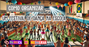 Como Organizar um Festival de Dança na Escola: Guia Completo para um Evento Inesquecível Festival de dança na escola com alunos se apresentando no palco em trajes coloridos, plateia aplaudindo e mesa com medalhas personalizadas ao lado.