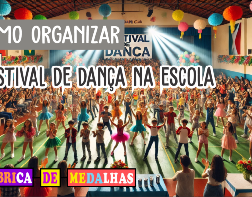 Como Organizar um Festival de Dança na Escola: Guia Completo para um Evento Inesquecível Festival de dança na escola com alunos se apresentando no palco em trajes coloridos, plateia aplaudindo e mesa com medalhas personalizadas ao lado.