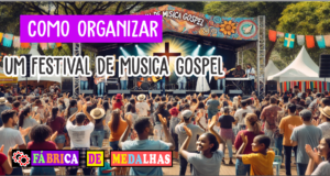 Como Organizar um Festival de Música Gospel Inesquecível: Guia Passo a Passo "Festival de música gospel ao ar livre com palco decorado com símbolos cristãos, banda ao vivo e público diverso louvando com alegria durante o dia."