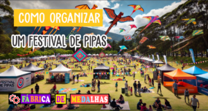 Como Organizar um Festival de Pipas Incrível: Guia Completo para um Evento Colorido e Seguro Crianças e famílias participando de um festival de pipas em um parque ensolarado, com o céu repleto de pipas coloridas e tendas ao fundo.