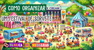 Como Organizar um Festival de Sorvete Incrível: Guia Completo Passo a Passo Festival de sorvete ao ar livre com barracas coloridas, famílias saboreando sorvetes variados e clima alegre de verão em parque ensolarado.