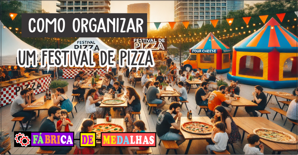Festival de Pizza ao ar livre com barracas coloridas, pessoas comendo pizza e decoração festiva com luzes e música ao vivo.