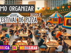 Como Organizar um Festival de Pizza Inesquecível: Guia Completo Passo a Passo Festival de Pizza ao ar livre com barracas coloridas, pessoas comendo pizza e decoração festiva com luzes e música ao vivo.