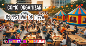 Como Organizar um Festival de Pizza Inesquecível: Guia Completo Passo a Passo Festival de Pizza ao ar livre com barracas coloridas, pessoas comendo pizza e decoração festiva com luzes e música ao vivo.