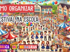 Como Organizar um Festival na Escola: Guia Completo Passo a Passo “Festival escolar com alunos participando de apresentações culturais, feiras e atividades em um pátio decorado com balões e bandeiras coloridas.”