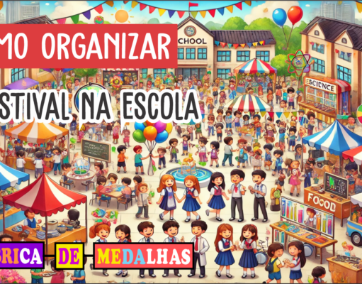 Como Organizar um Festival na Escola: Guia Completo Passo a Passo “Festival escolar com alunos participando de apresentações culturais, feiras e atividades em um pátio decorado com balões e bandeiras coloridas.”
