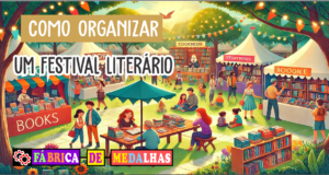 Como Organizar um Festival Literário Incrível: Guia Completo para Fazer Sucesso "Festival literário ao ar livre com tendas de livros, autores autografando obras, crianças ouvindo contação de histórias e decoração temática com luzes e banners coloridos."