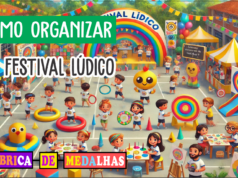 Como Organizar um Festival Lúdico Inesquecível: Guia Completo Passo a Passo Crianças participando de um Festival Lúdico ao ar livre, com oficinas de pintura, brincadeiras, monitores organizando as atividades, decoração colorida e entrega de medalhas personalizadas em clima festivo.