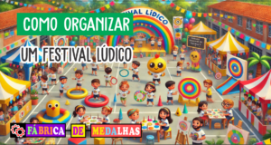 Como Organizar um Festival Lúdico Inesquecível: Guia Completo Passo a Passo Crianças participando de um Festival Lúdico ao ar livre, com oficinas de pintura, brincadeiras, monitores organizando as atividades, decoração colorida e entrega de medalhas personalizadas em clima festivo.