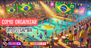 Como Organizar um Futsamba Inesquecível: Futebol, Samba e Diversão em Um Só Evento Evento de Futsamba com jogo de futsal em quadra coberta, banda de samba ao vivo, pessoas dançando, decoração com bandeiras do Brasil e mesa com medalhas personalizadas.