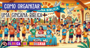 Como Organizar uma Gincana Bíblica Inesquecível: Passo a Passo para Igrejas e Escolas Crianças e adolescentes participando de uma gincana bíblica em uma igreja, com atividades como quiz bíblico, caça ao versículo e dramatizações. O local está decorado com símbolos cristãos e há medalhas e Bíblias sobre as mesas.