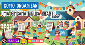 Como Organizar uma Gincana Bíblica Infantil: Guia Completo e Divertido “Crianças participando de uma gincana bíblica em um pátio de igreja, com atividades lúdicas, balões, cartazes temáticos e mesa de premiação com medalhas personalizadas.”