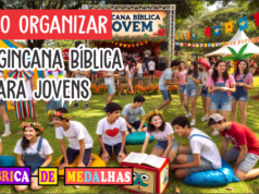 Como Organizar uma Gincana Bíblica para Jovens: Guia Completo com Ideias Criativas "Jovens participando de gincana bíblica ao ar livre com provas bíblicas, desafios físicos e premiação com medalhas personalizadas"
