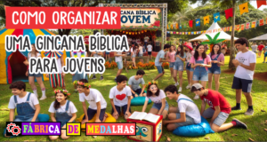Como Organizar uma Gincana Bíblica para Jovens: Guia Completo com Ideias Criativas "Jovens participando de gincana bíblica ao ar livre com provas bíblicas, desafios físicos e premiação com medalhas personalizadas"