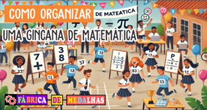 Como Organizar uma Gincana de Matemática na Escola: Guia Prático e Divertido Estudantes participando de uma gincana de matemática em um pátio escolar decorado, resolvendo desafios numéricos em equipe, com balões, símbolos matemáticos e uma mesa com medalhas e troféus.