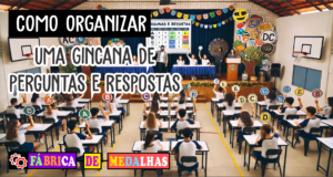 Como Organizar uma Gincana de Perguntas e Respostas: Guia Completo para Escolas e Eventos “Gincana de perguntas e respostas em ambiente escolar com equipes levantando cartas de múltipla escolha, apresentador com microfone e mesa com medalhas para premiação.”