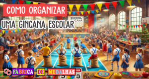 Como Organizar uma Gincana Escolar de Sucesso: Guia Completo Passo a Passo "Alunos participando de uma gincana escolar em um ginásio decorado, com provas como corrida de saco, cabo de guerra e quiz, enquanto professores e pais assistem animados; mesa com medalhas personalizadas em destaque."