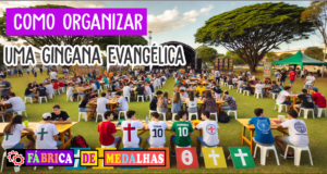 Como Organizar uma Gincana Evangélica: Guia Completo para Igrejas e Grupos de Jovens Imagem retangular de uma gincana evangélica ao ar livre com crianças, jovens e adultos participando de atividades em grupo. O cenário inclui faixas com versículos bíblicos em português, camisetas com símbolos cristãos como cruzes e pombas, mesas com medalhas e troféus, tudo em um ambiente de parque com árvores, céu azul e clima de alegria e união cristã.