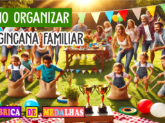 Como Organizar uma Gincana Familiar Inesquecível: Guia Completo Passo a Passo "Famílias participando de uma gincana ao ar livre em um parque ensolarado, com brincadeiras como corrida de saco, cabo de guerra e caça ao tesouro, cercadas por bandeiras coloridas e medalhas personalizadas sobre uma mesa."