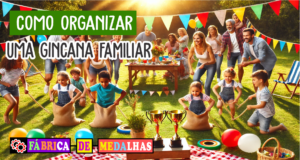 Como Organizar uma Gincana Familiar Inesquecível: Guia Completo Passo a Passo "Famílias participando de uma gincana ao ar livre em um parque ensolarado, com brincadeiras como corrida de saco, cabo de guerra e caça ao tesouro, cercadas por bandeiras coloridas e medalhas personalizadas sobre uma mesa."