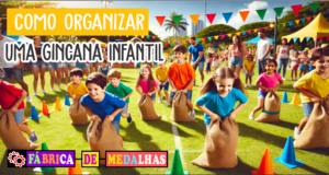 Como Organizar uma Gincana Infantil Divertida e Educativa: Guia Completo "Crianças participando de gincana infantil ao ar livre, com provas como corrida do saco e cabo de guerra em um parque ensolarado, usando camisetas coloridas e sob supervisão de adultos."