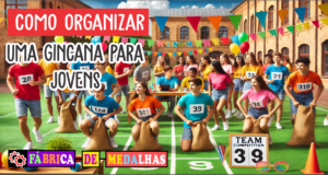 Como Organizar uma Gincana para Jovens: Guia Completo para Engajar e Divertir Jovens participando de uma gincana ao ar livre com provas como corrida de saco e quiz, bandeiras de equipe, decoração colorida e mesa com medalhas para premiação, em um dia ensolarado e alegre.